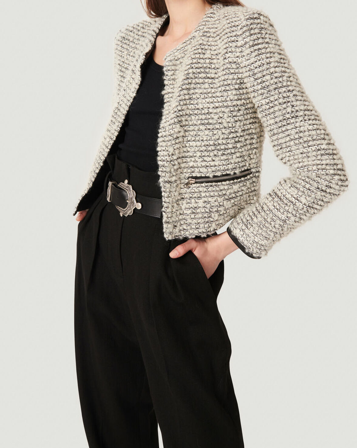 LEDISI COLLARLESS OPEN KNIT JACKET image number null